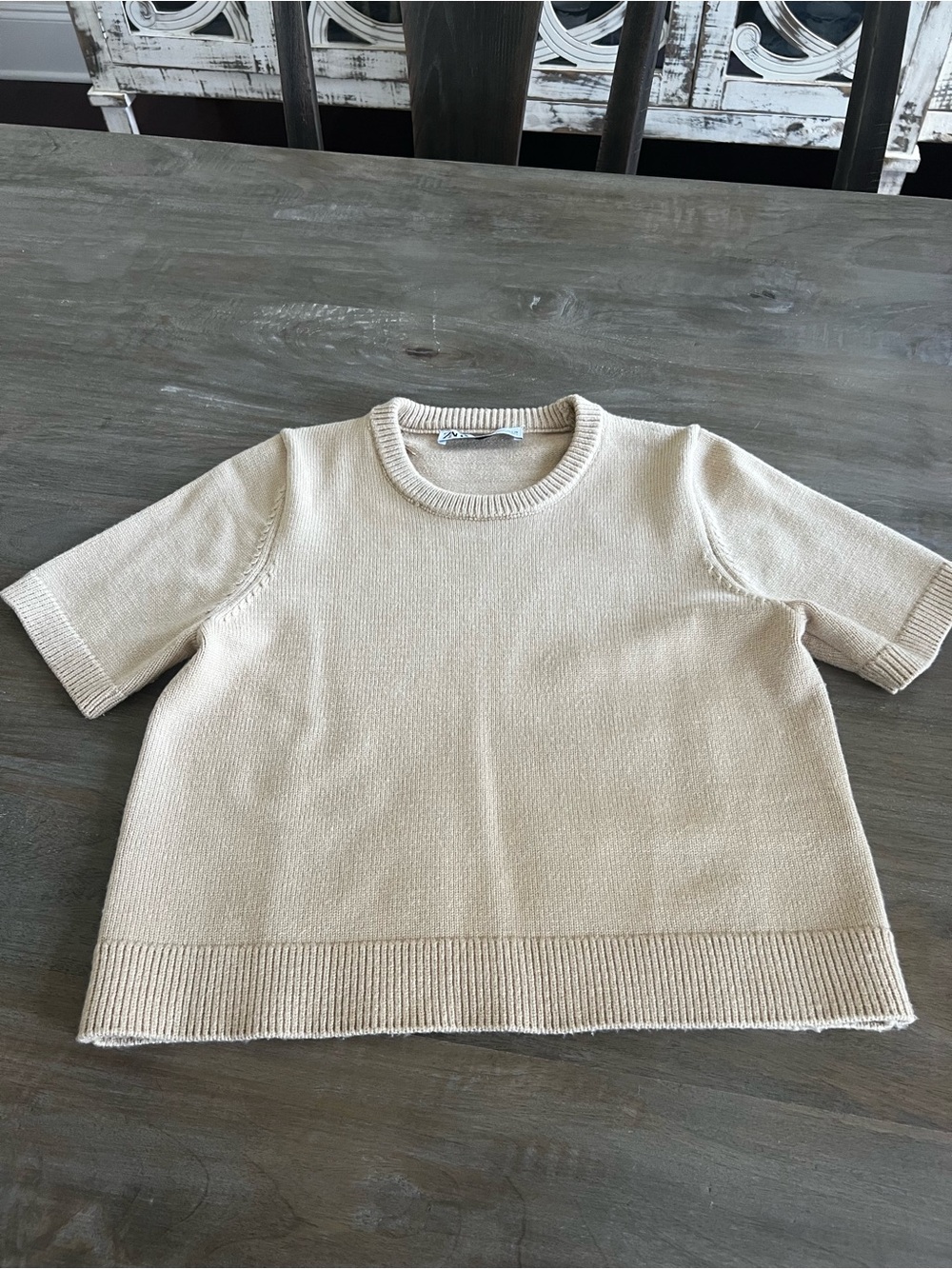 Zara Beige Knit Short-Sleeve Top